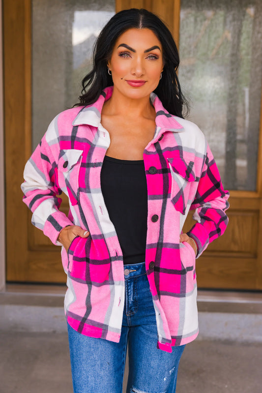 Pink Oversized Plaid Fleece Shacket