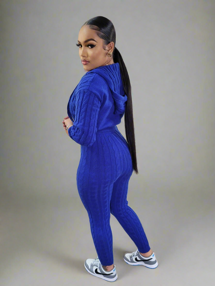 Zip Down Cable Hooded Sweater Set | 6 Colors