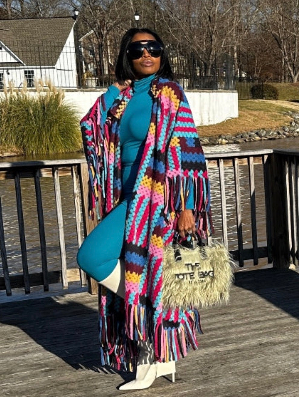 FLY GIRL CARDI | HOODED OPEN FRONT LONG CROCHET COAT KIMONO - PINK BLACK TURQUOISE BLEND