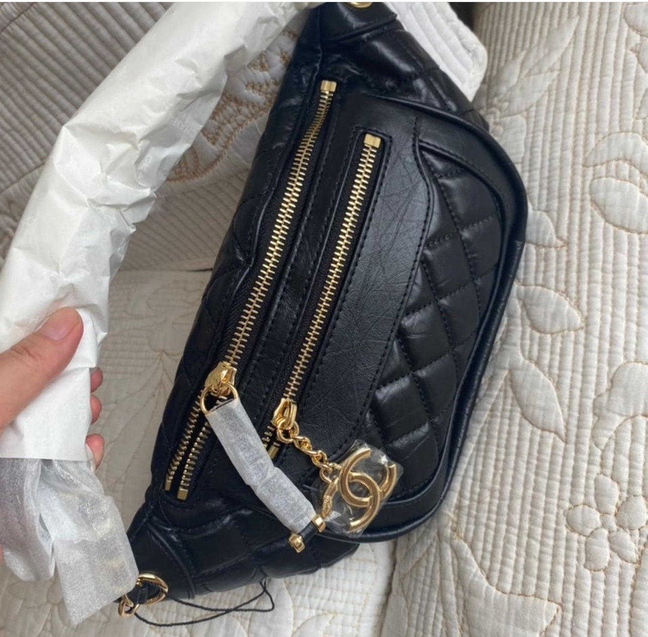 Coco Lambskin Quilted Waist Bag Fanny Pack Black