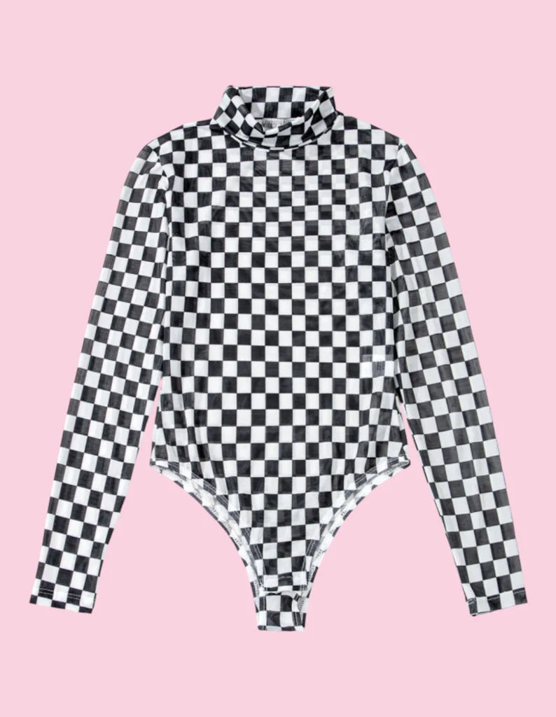 Checkered Printed Long Sleeve High Neck Bodysuit