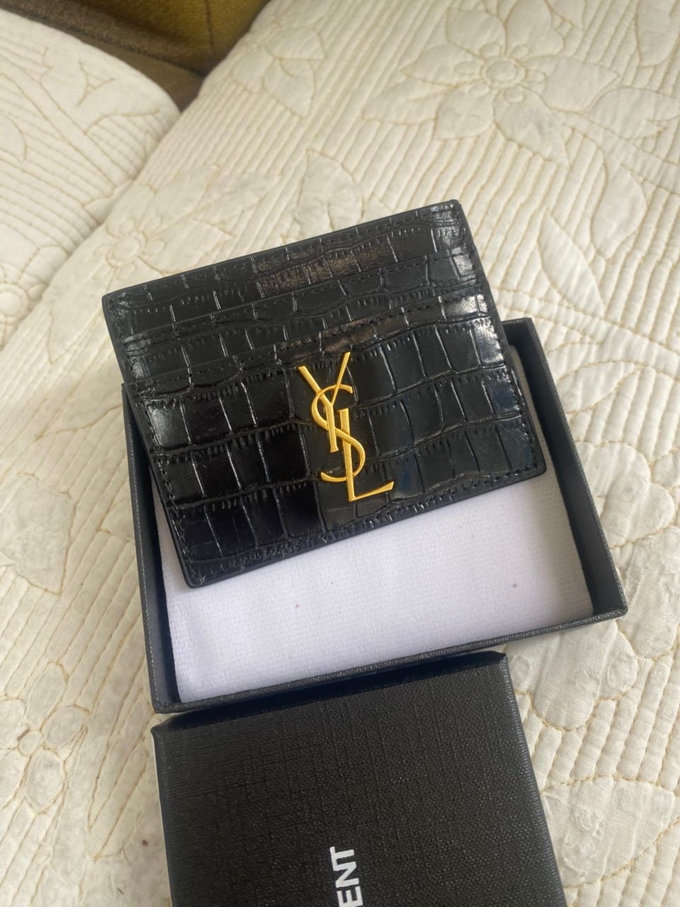 Cassandre Saint Laurent Card Case in Crocodile-Embossed Shiny Leather