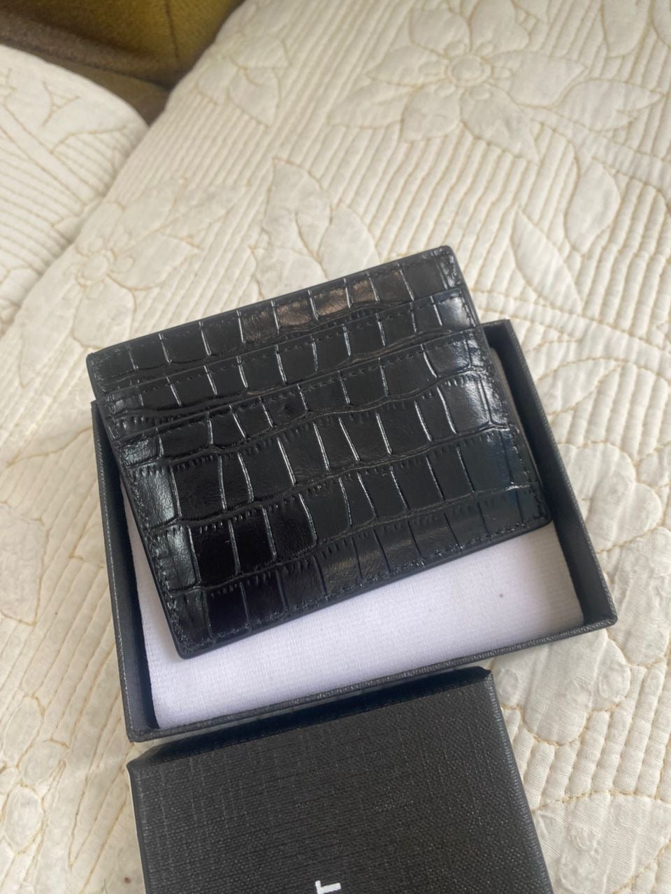 Cassandre Saint Laurent Card Case in Crocodile-Embossed Shiny Leather
