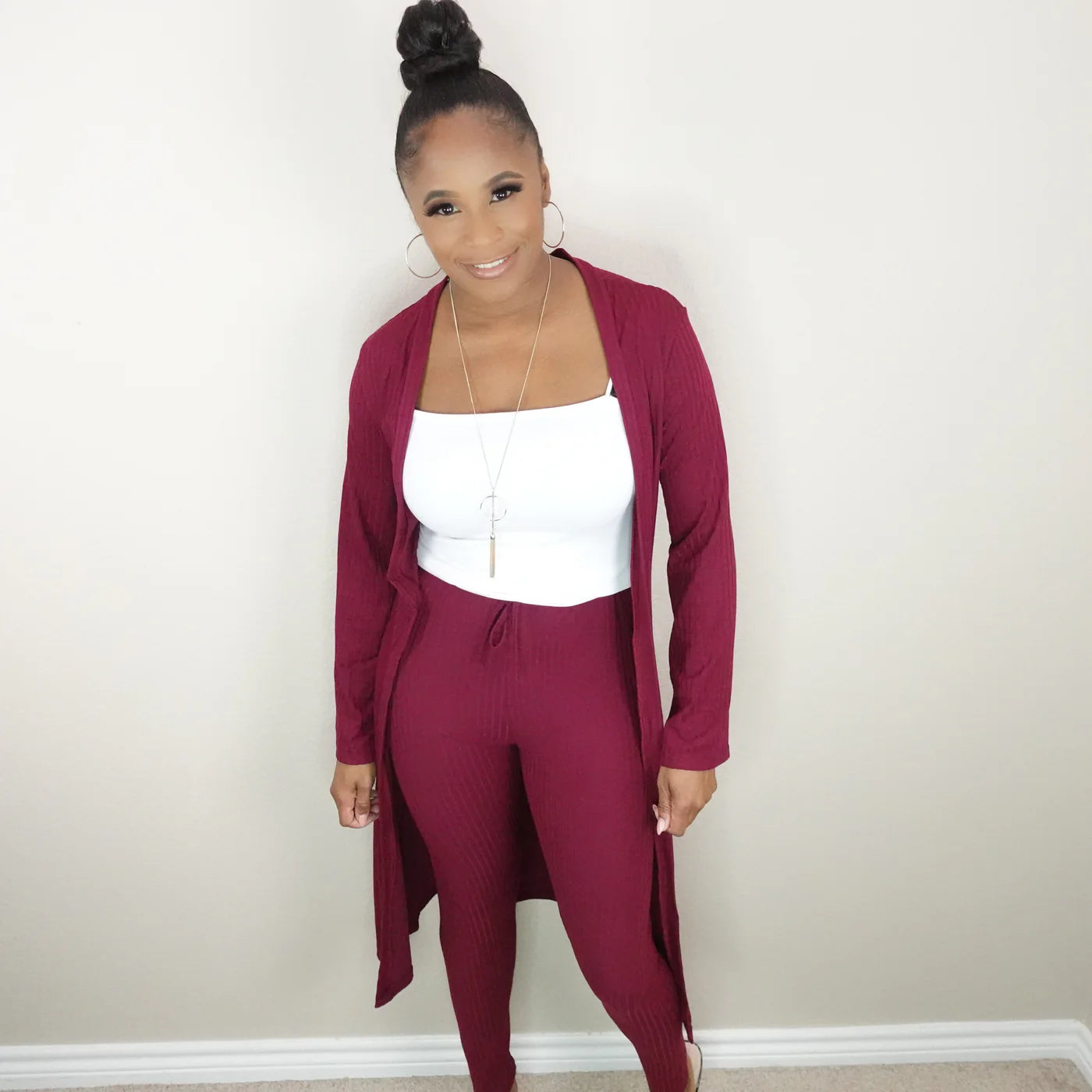 Rich Ribbed Long Sleeve Cardigan + Leggings Set (Small Med Large)