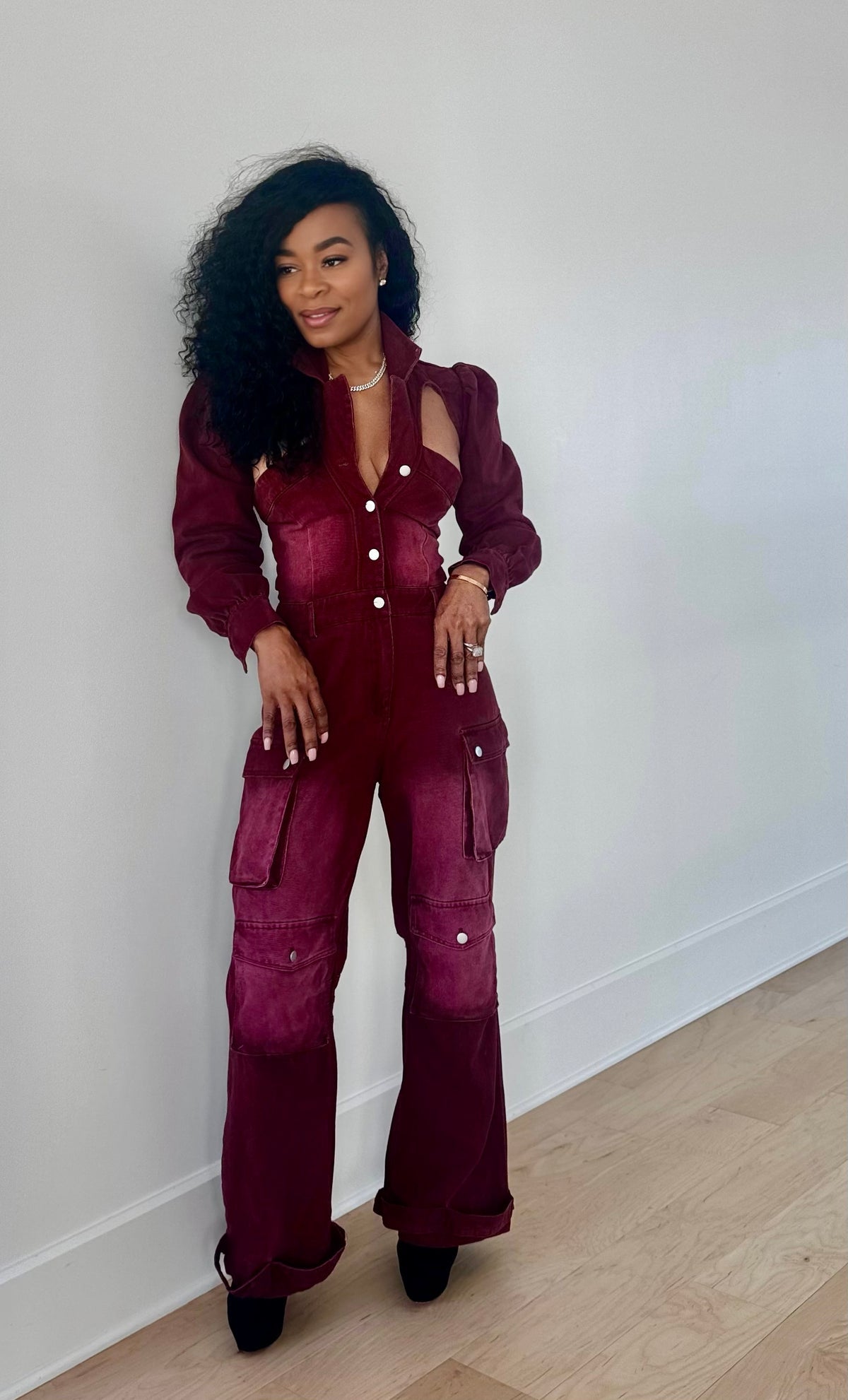 Wine Utility Denim Jumpsuit