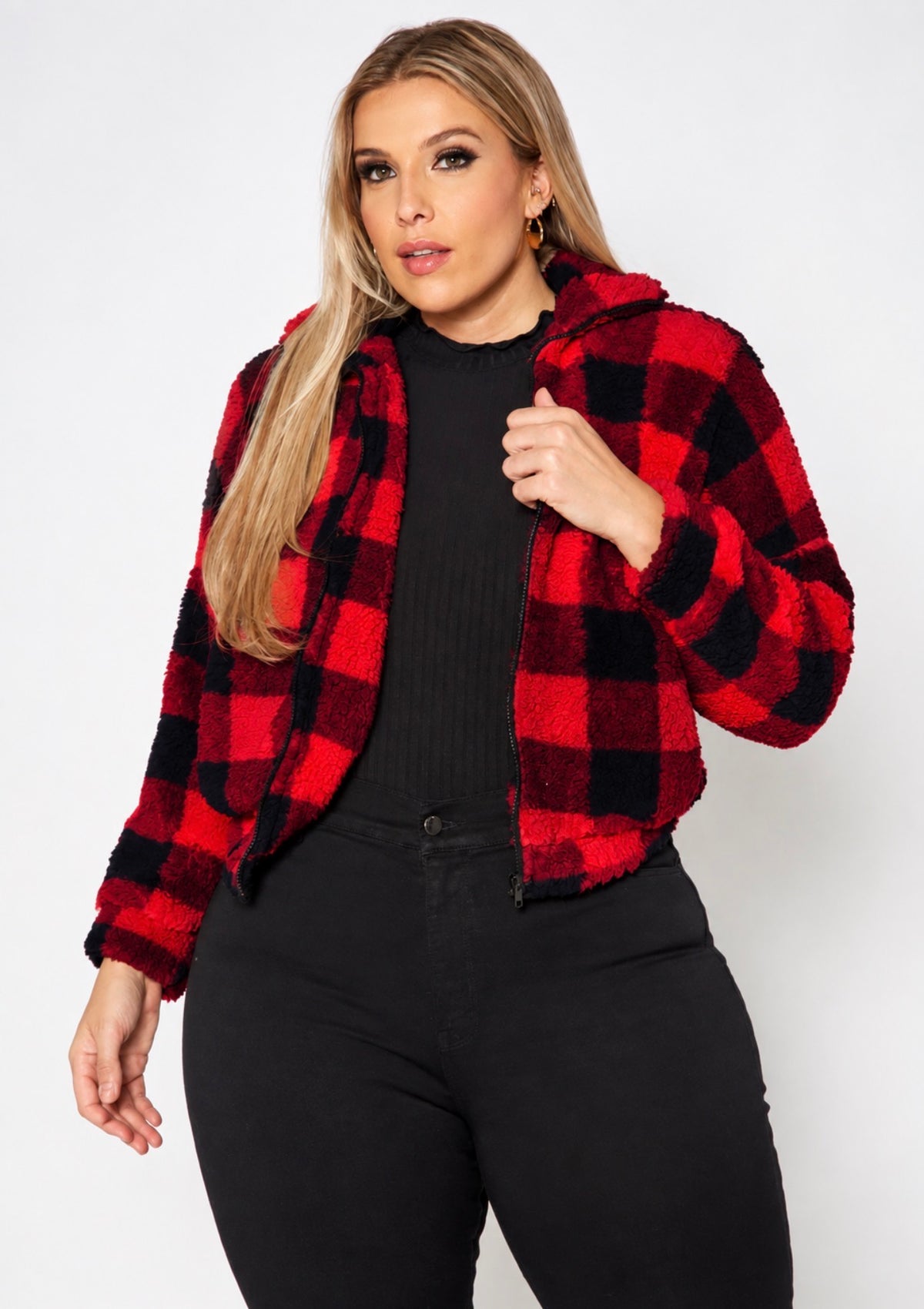 Plaid Sherpa Zip-Up Jacket – Cozy Cropped Fit 1X | 2 COLORS
