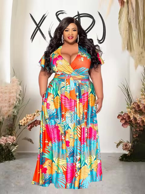 Conjunto de falda larga y top de flores tropicales