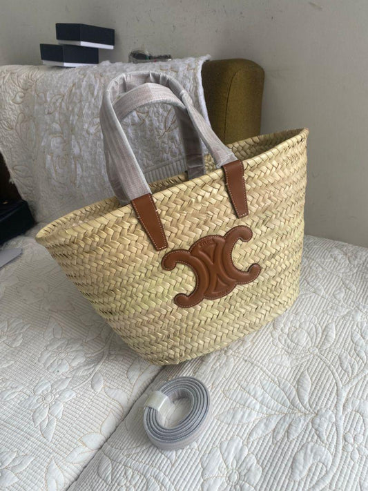 CLASSIC PANIER IN PALM LEAVES AND CALFSKIN TOTE