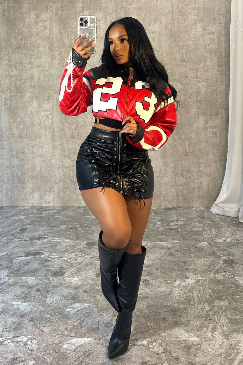 Cropped Moto Biker Jacket - Red