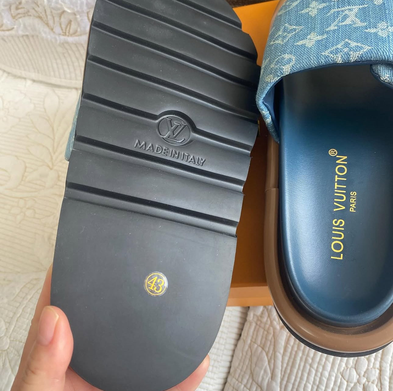 Monogram Denim Fanny Pack + Pillow Flat Comfort Mules