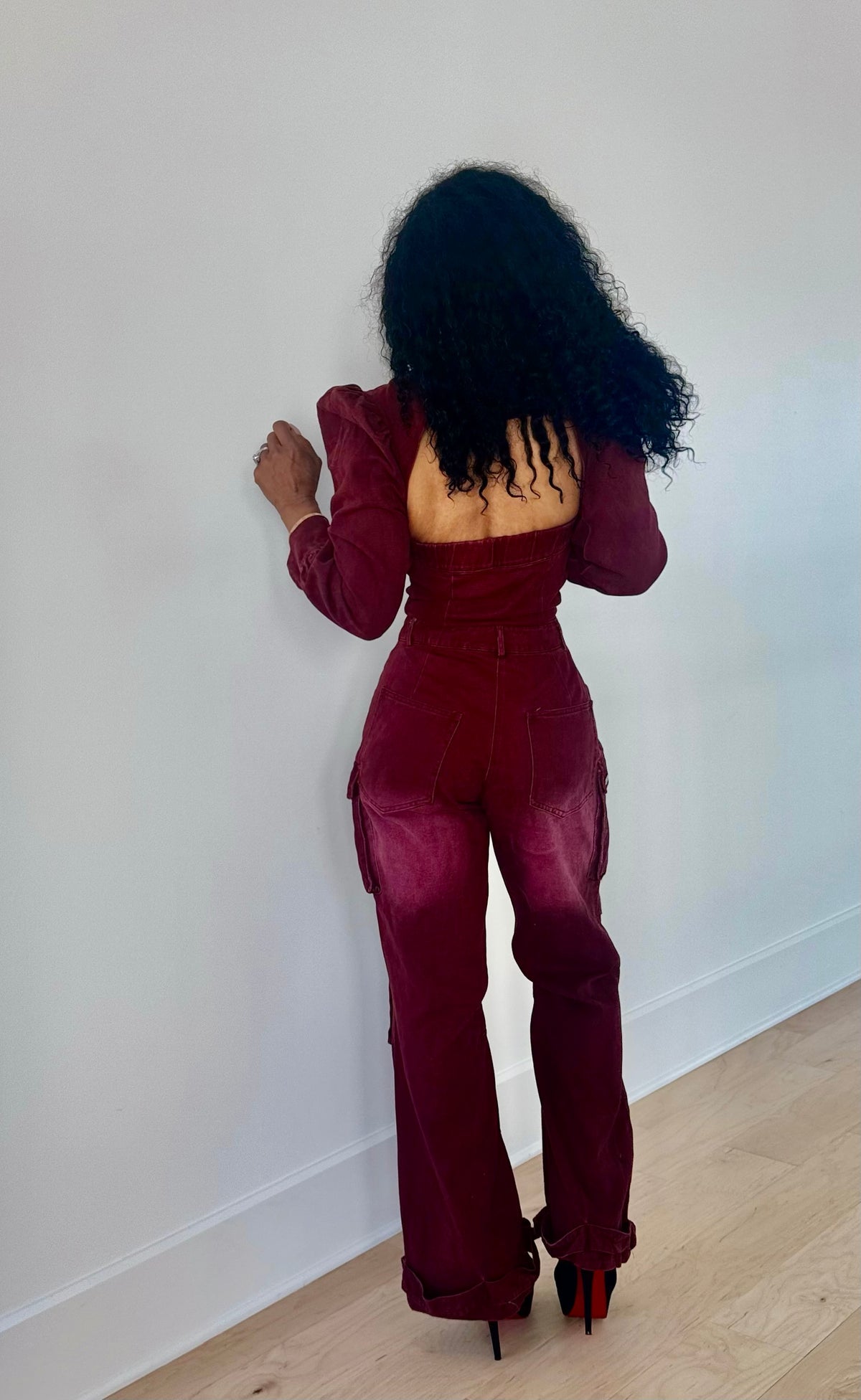 Wine Utility Denim Jumpsuit
