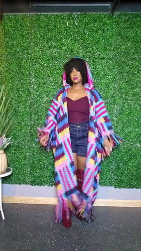 FLY GIRL CARDI | HOODED OPEN FRONT LONG CROCHET COAT KIMONO - PINK BLACK TURQUOISE BLEND