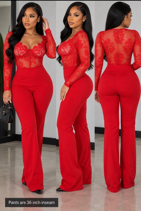 Red Hot Set | Lace Bodysuit and Foldover Leggings SZ SMALL