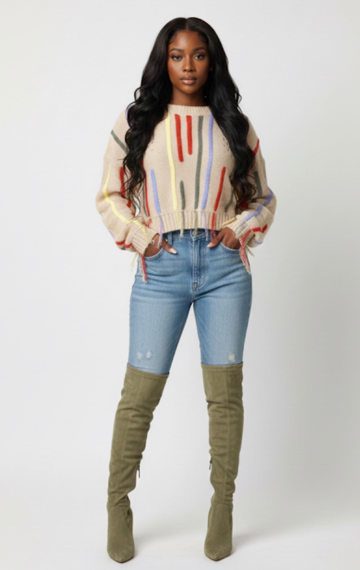 Distressed knit multicolored sweater