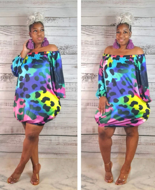 Electric leopard off shoulder bubble dress