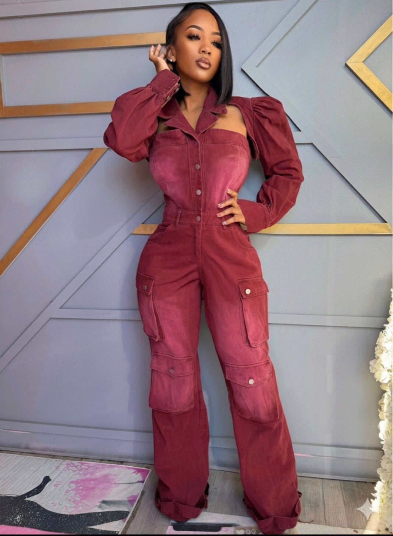 Wine Utility Denim Jumpsuit