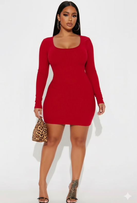 Plus Size Scoop Neck Long Sleeve Mini Dress 1X | Red