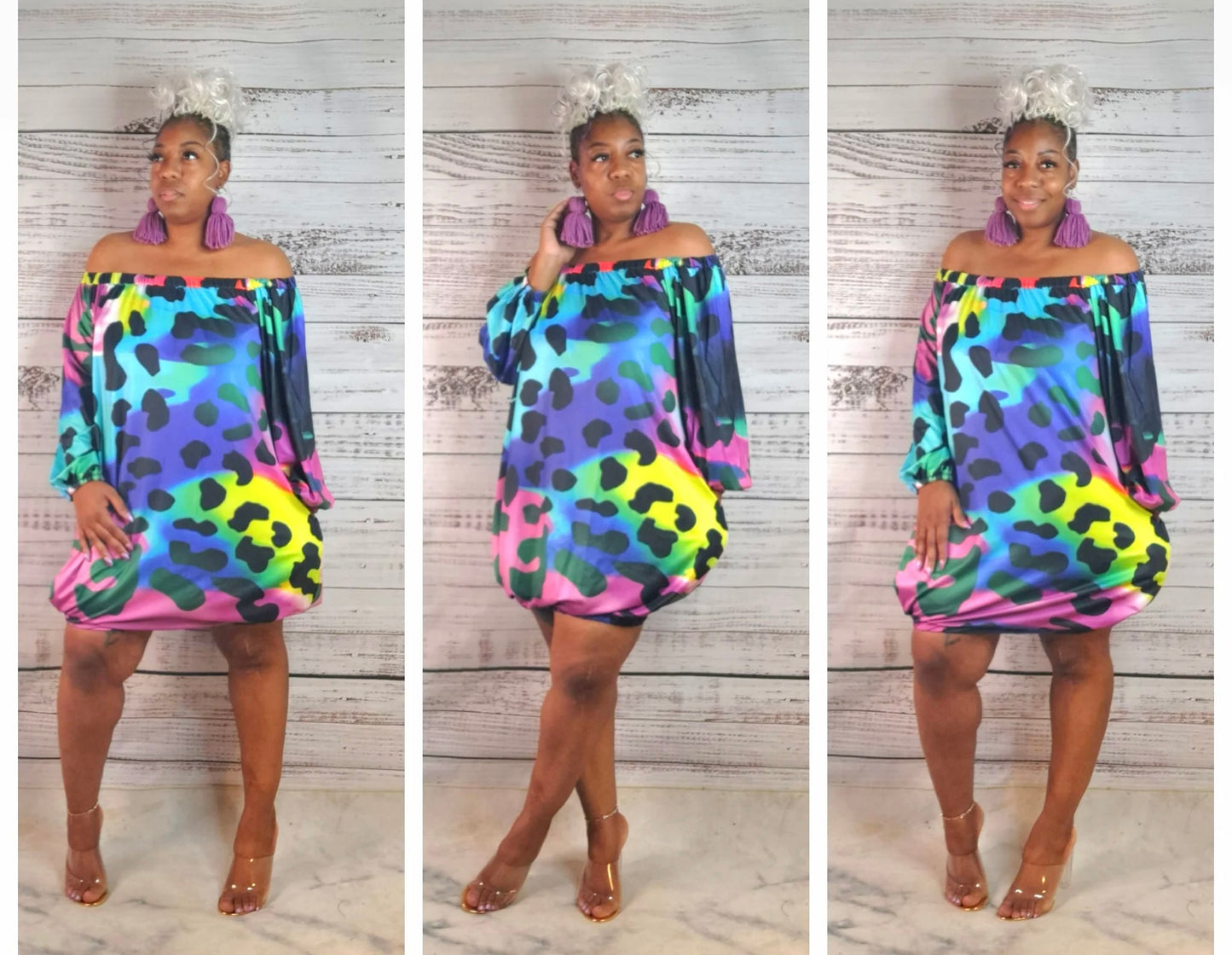 Electric leopard off shoulder bubble dress