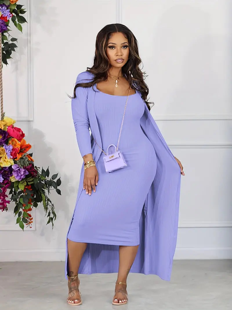 Ribbed Cardigan & Cami Midi Bodycon Dress