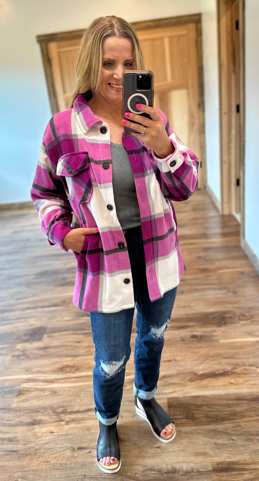 Purple Oversized Plaid Fleece Shacket