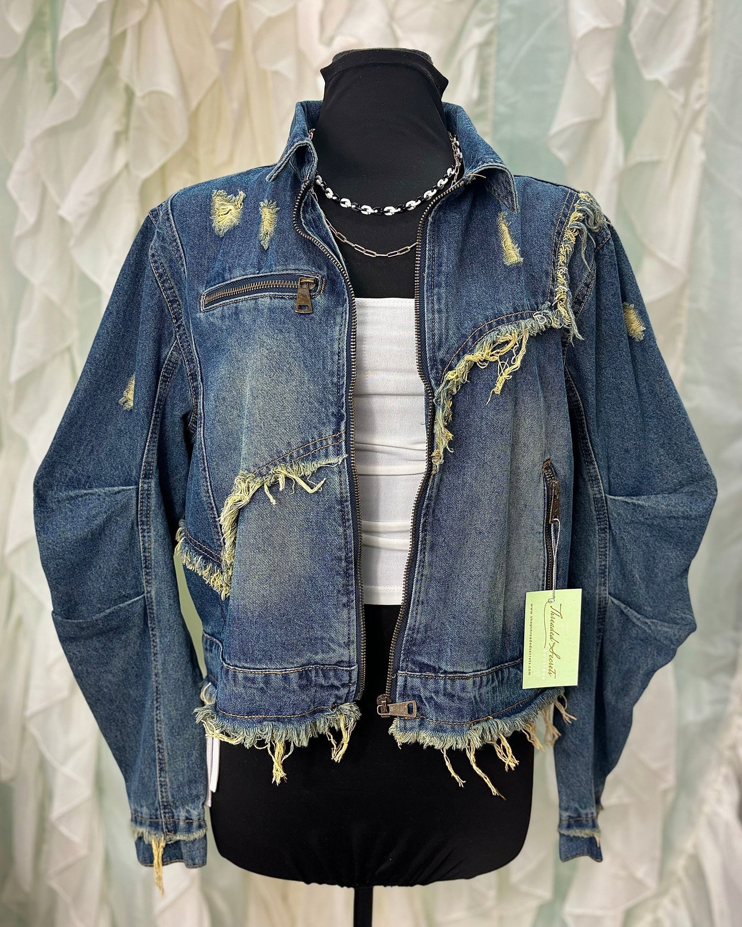 Distressed Frayed Edge Zip Up Denim Jacket Plus Size