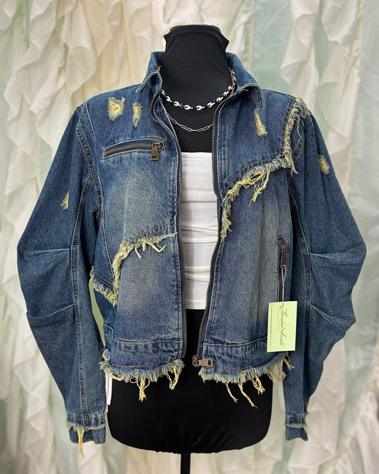 Distressed Frayed Edge Zip Up Denim Jacket Plus Size