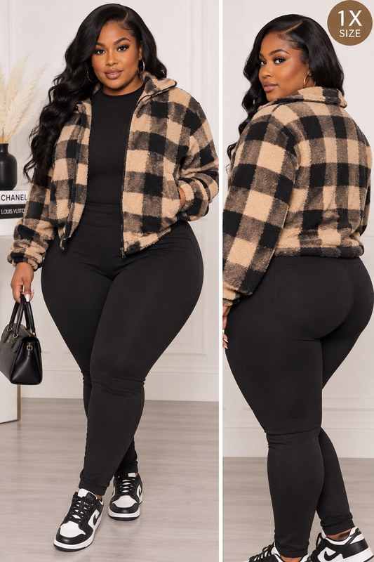 Plaid Sherpa Zip-Up Jacket – Cozy Cropped Fit 1X | 2 COLORS