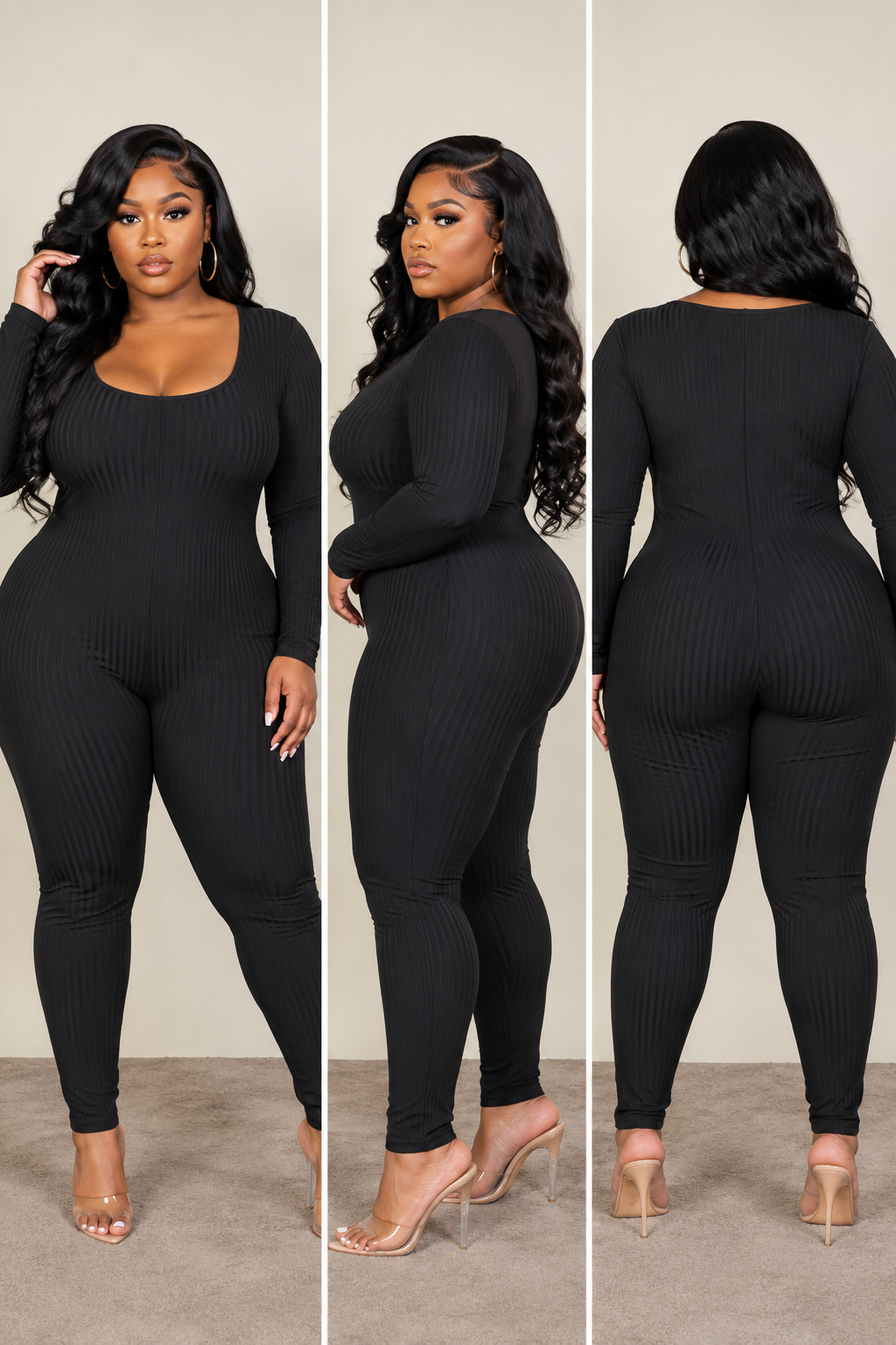 Plus Size Ribbed Scoop Neck Long Sleeve Jumpsuit (2 Colors)