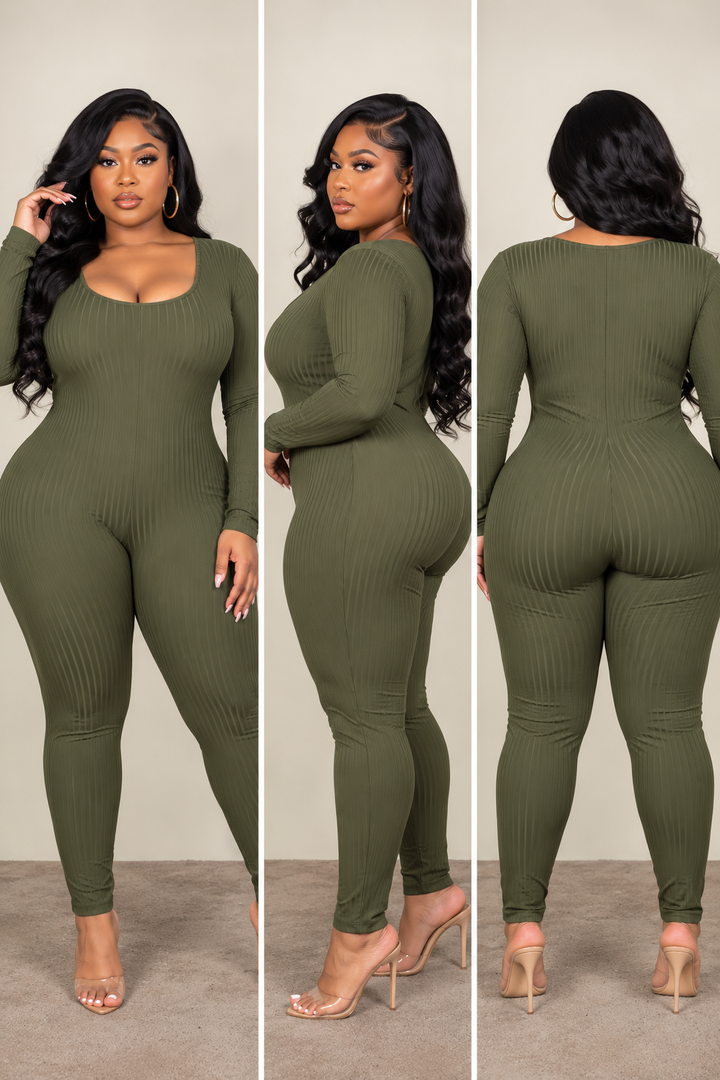 Plus Size Ribbed Scoop Neck Long Sleeve Jumpsuit (2 Colors)
