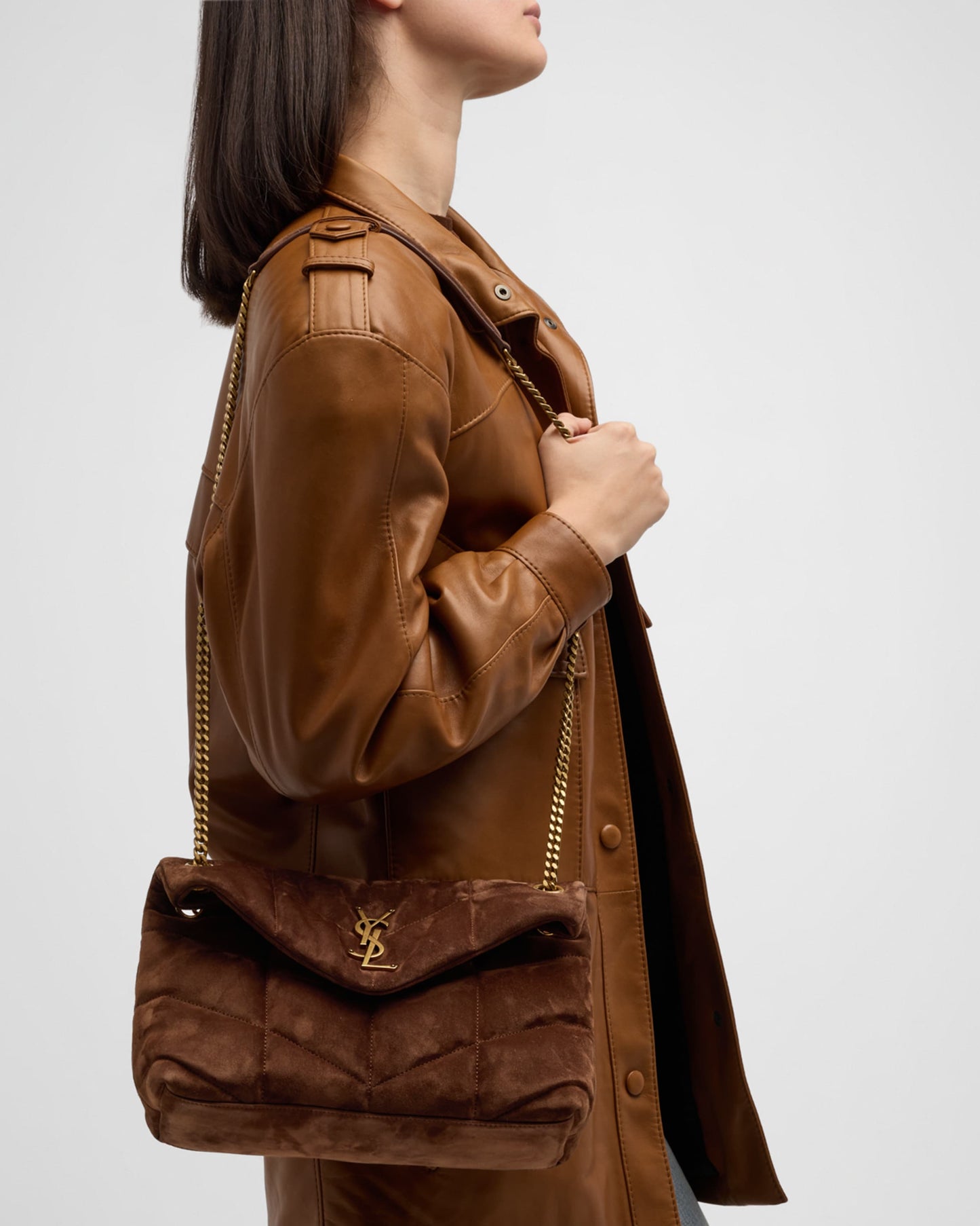 Bark Brown | Lou Puffer Shoulder Bag in Quilted Suede