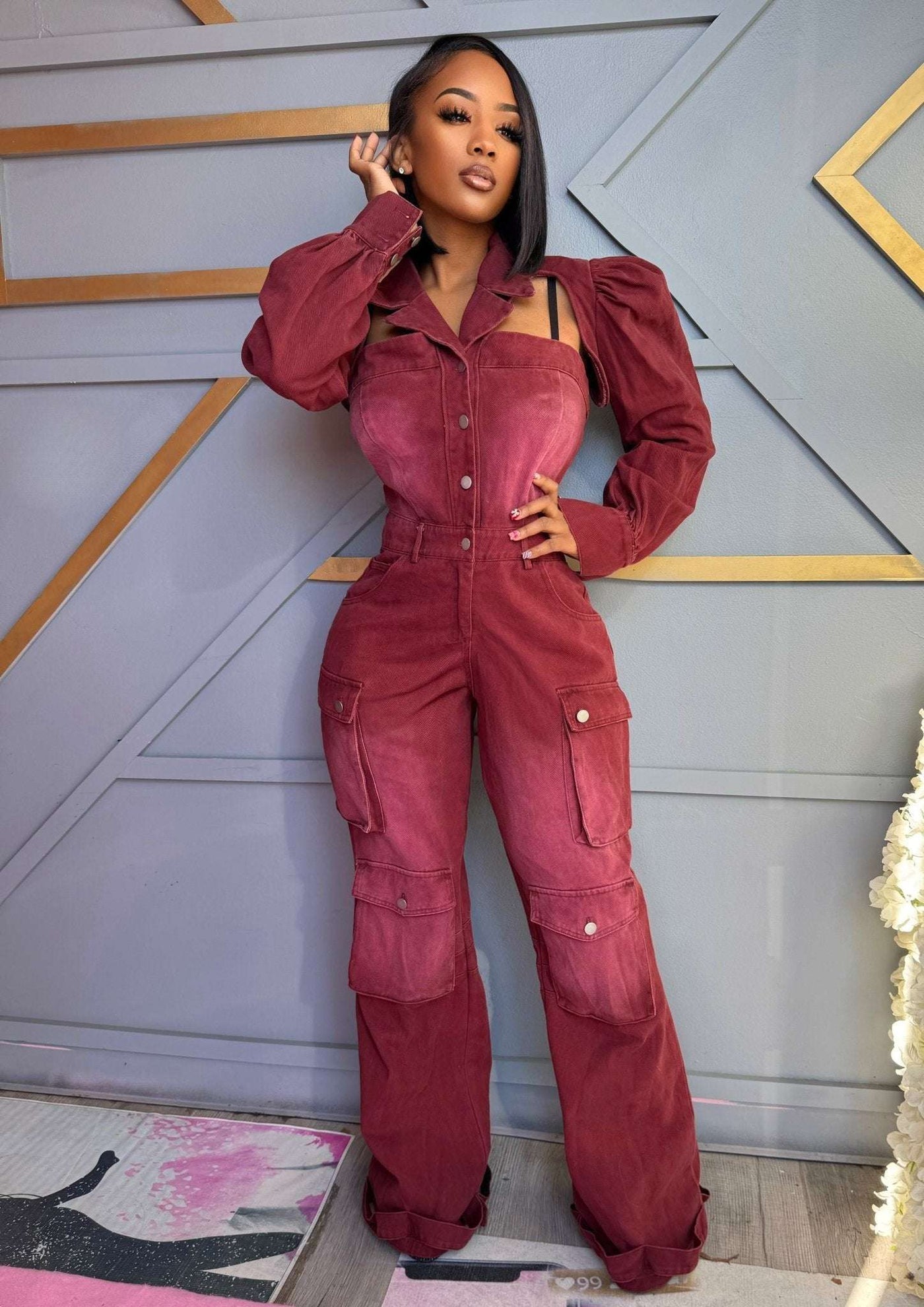 Wine Utility Denim Jumpsuit