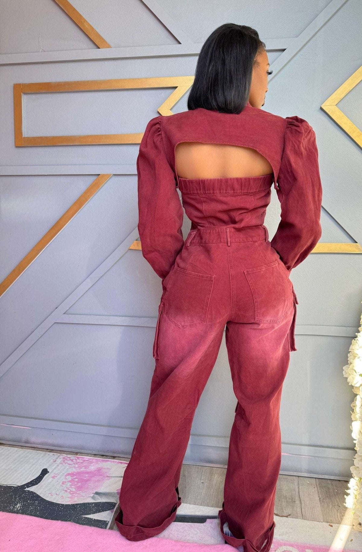 Wine Utility Denim Jumpsuit
