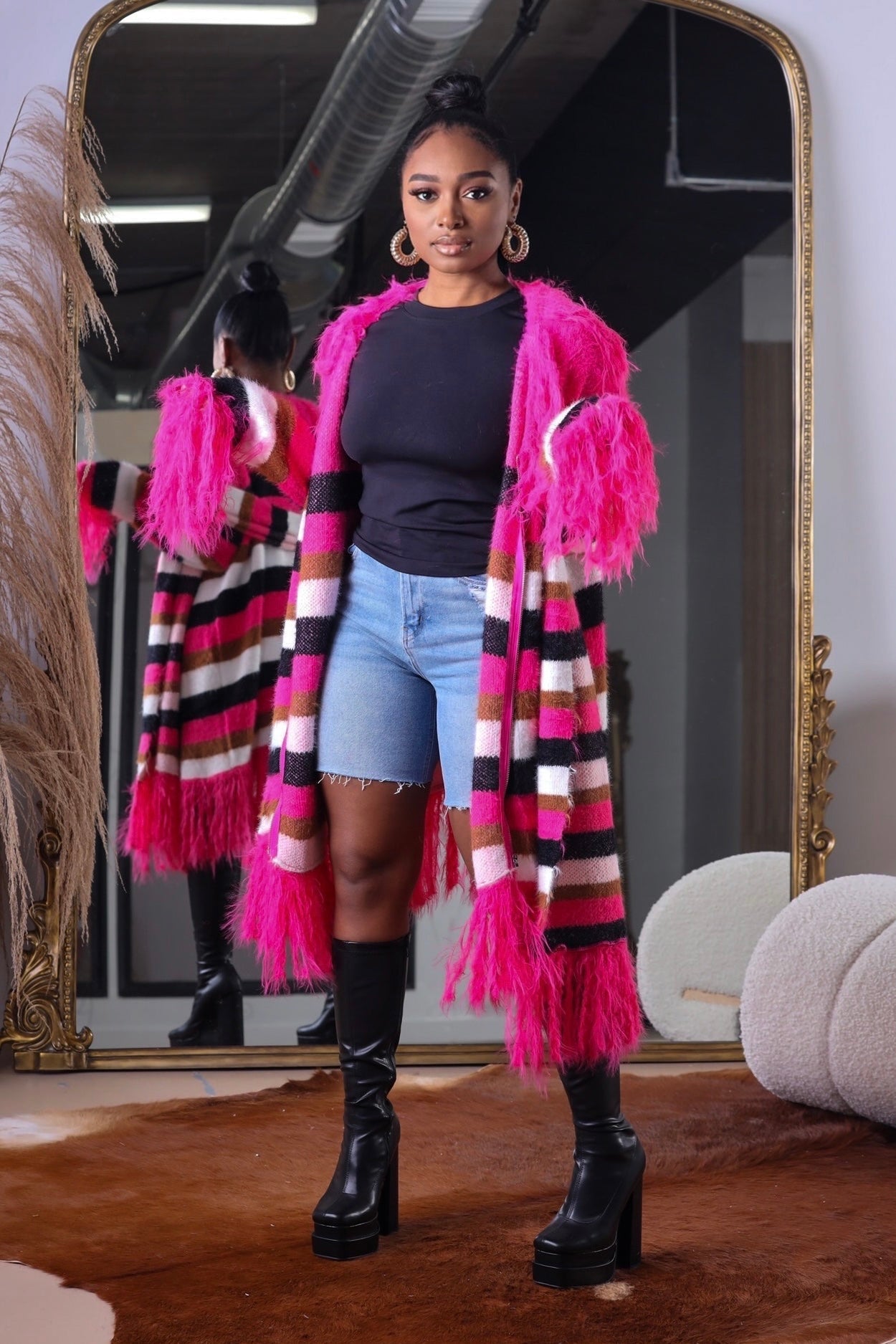 Striped Fringe Knit Cardigan + Scarf Set