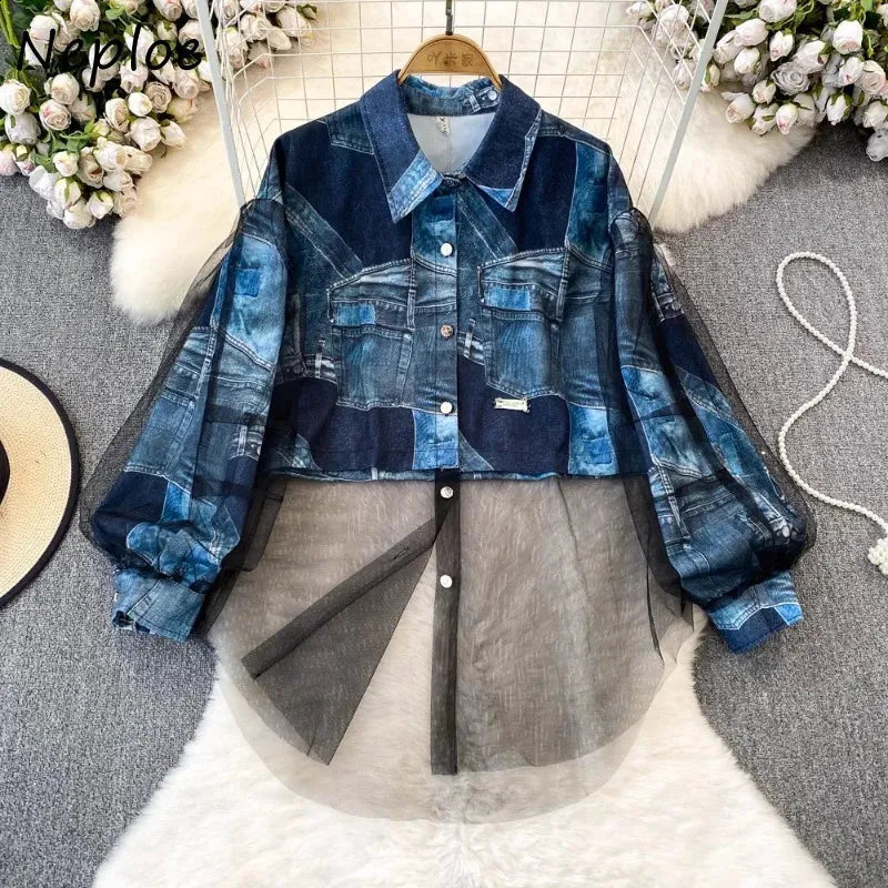 Denim Mesh Illusion Oversized Shirt