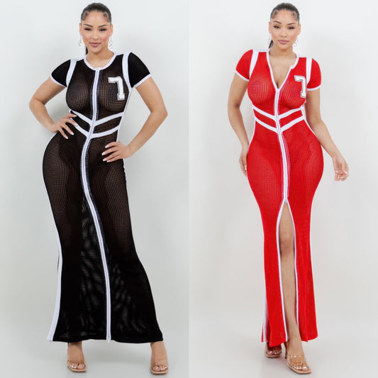 Netting 2 Way Front Zipper Maxi Dress