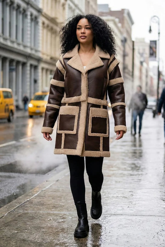 Brown Faux Leather Shearling Trim Coat