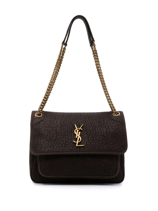 Niki Medium Flap Shoulder Bag in Grained Leather | Brown