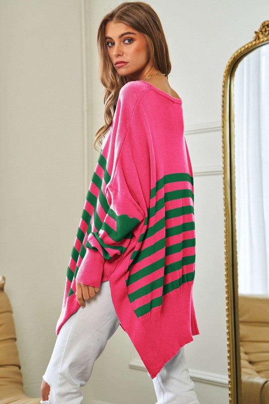 Oversized Pink & Green Elbow Patch Sweater Top