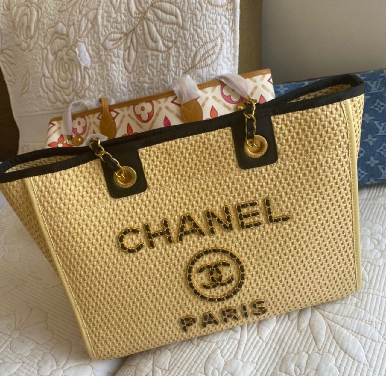 Deauville MM Chain Shoulder Tote Bag leather straw Beige Natural