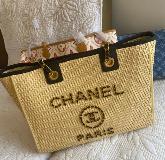 Deauville MM Chain Shoulder Tote Bag leather straw Beige Natural