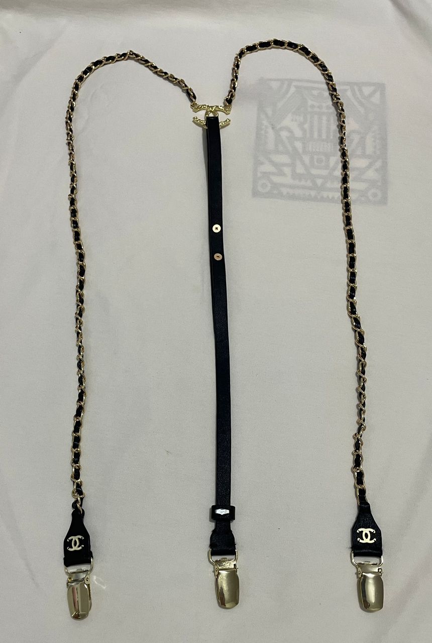 C-H-A-N-E-L Suspenders Calfskin & Gold-Tone Metal Black