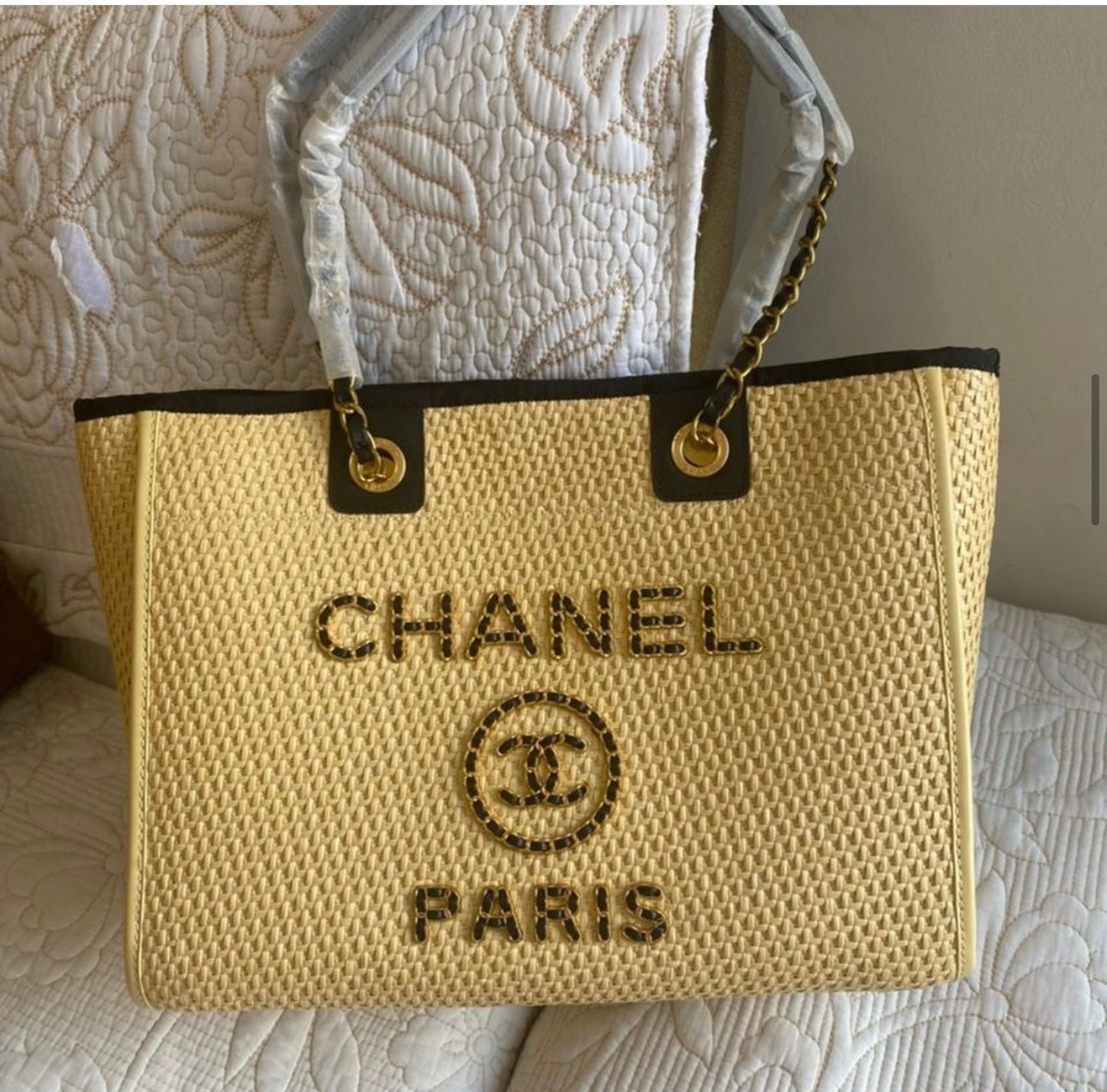Deauville MM Chain Shoulder Tote Bag leather straw Beige Natural