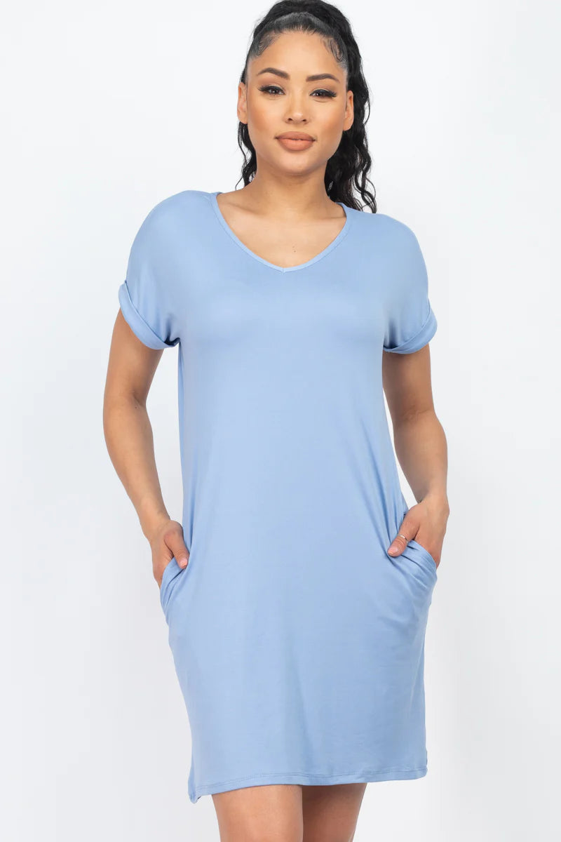 V-NECK POCKET Dress (Small Med Large)--23 Colors