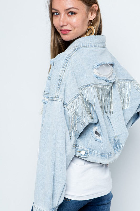 RHINESTONE FRINGE DISTRESSED DENIM JACKET