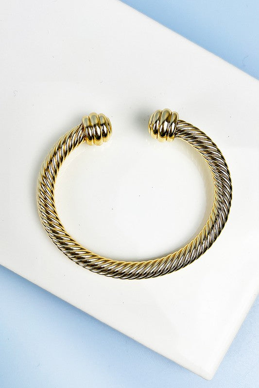 GOLD TWISTED CABLE WIRE OPEN BANGLE CUFF BRACELET