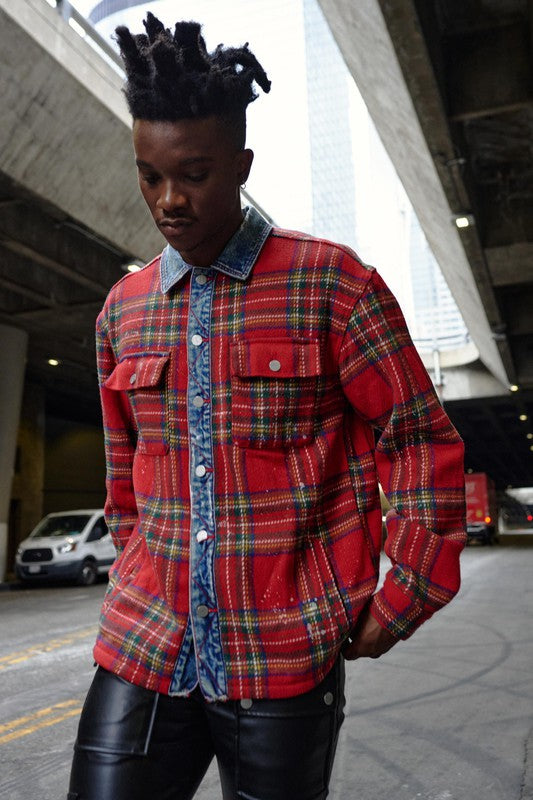 RED UNISEX FLANNEL SHACKET WITH DENIM CONTRAST