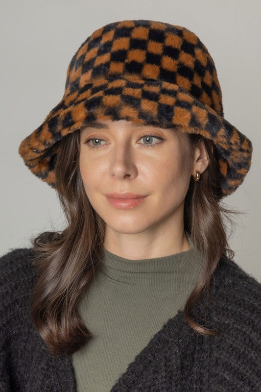 Checkered Printed Fur Bucket Hat