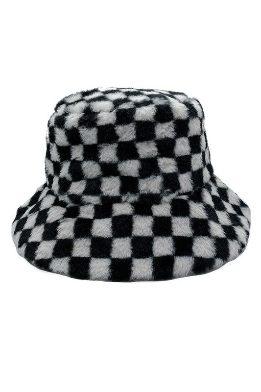 Checkered Printed Fur Bucket Hat
