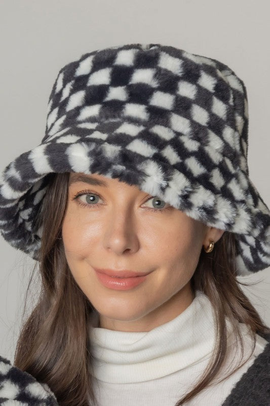 Checkered Printed Fur Bucket Hat