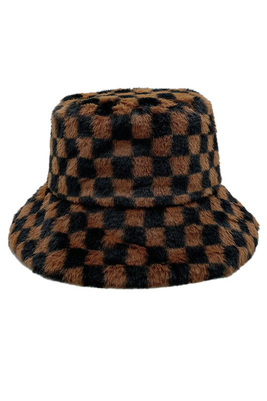 Checkered Printed Fur Bucket Hat